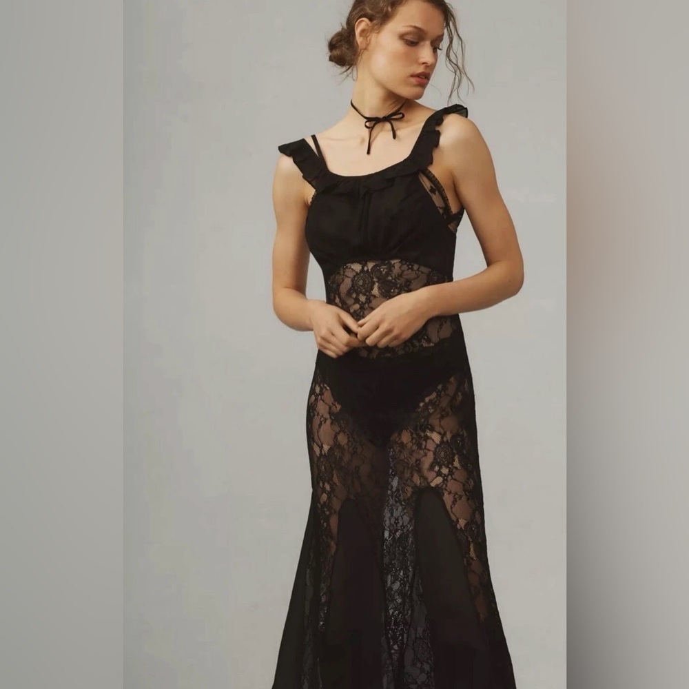 By Anthropologie Black Sheer Lace Midi Women’s Dress Size Medium New With Tags - Picture 2 of 15